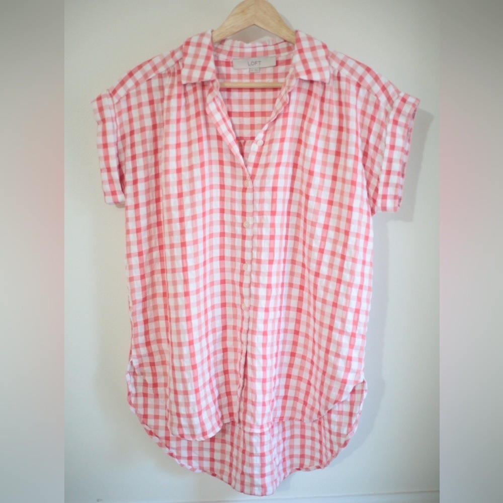 LOFT‎ Pink White Plaid Collared Button-Up Blouse | Short Sleeve | XS